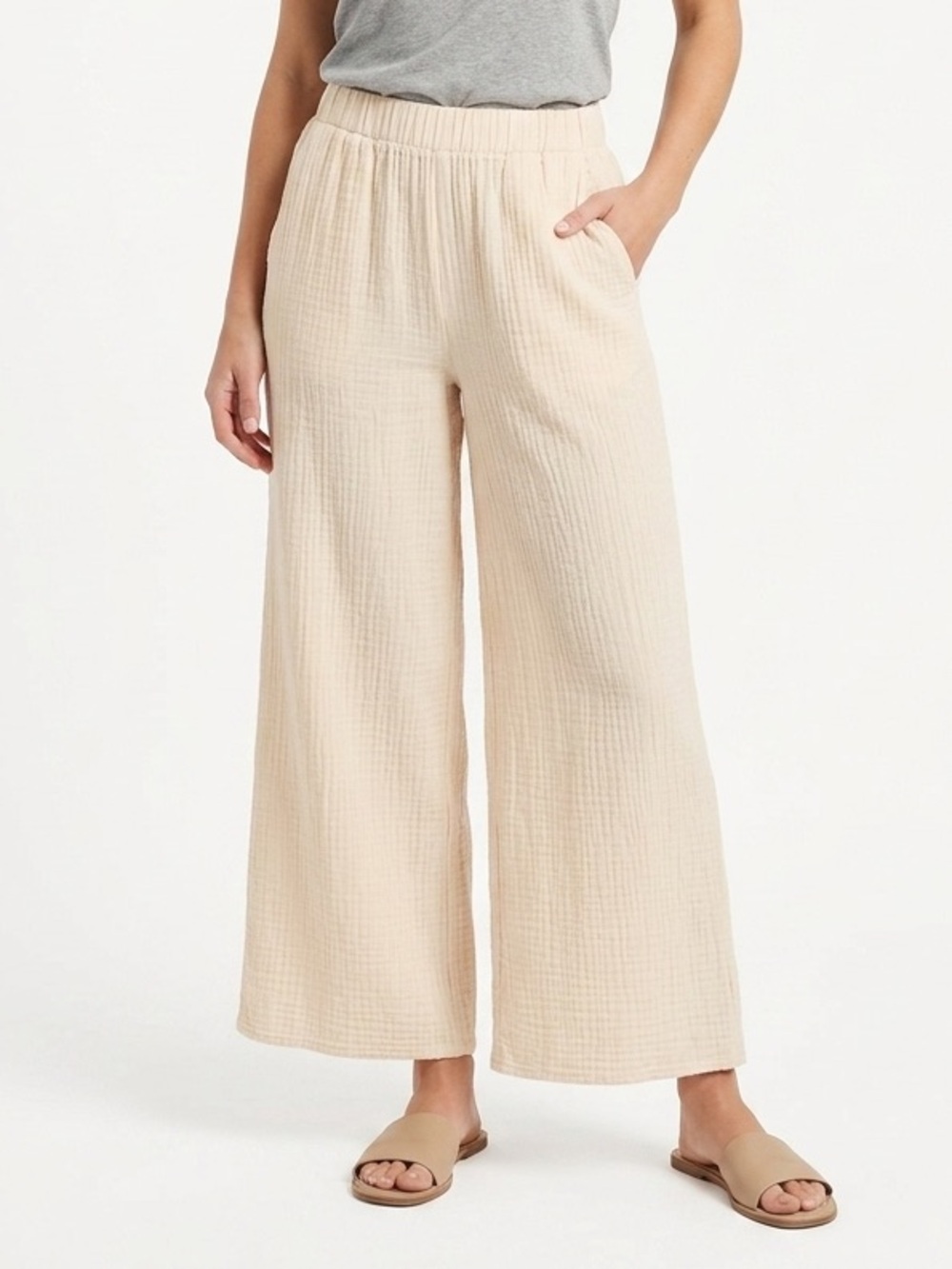 Things Between Gauze Wide Leg Pants Cream Beige Pull On Boho Lounge Size Small